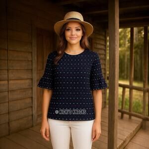 Izod Navy Ruffle Sleeve Blouse Red White Embroidered Dot Button Back Top Size M